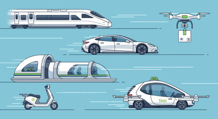Futuristic Transportation Modes in Motion Illustration. © Telo