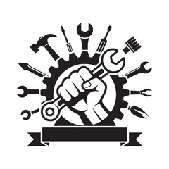 A strong hand gripping tools surrounded by gears a mechanic s emblem