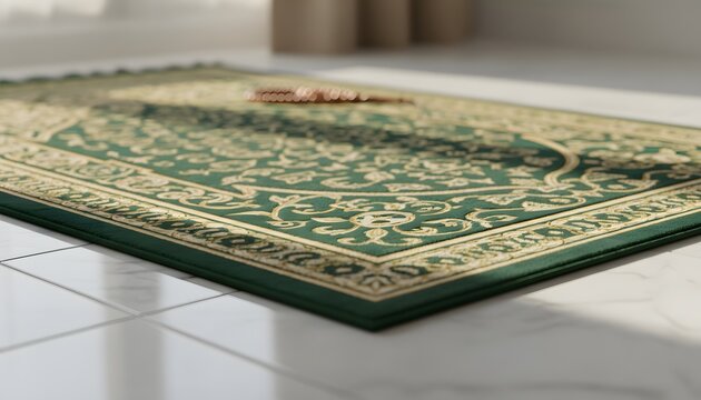 Traditional green Islamic prayer rug with prayer beads on white tiles, symbolizing devotion for an Eid al-Fitr celebration concept