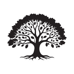 A stylized black silhouette of a full leafy tree with visible roots