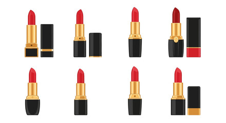 Obraz premium Set of red lipstick tubes in black and gold luxury packaging. Various shapes and designs of lip gloss and cosmetic products for beauty and fashion makeup art.