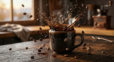 Dynamic splash of hot dark coffee from a rustic ceramic mug with flying beans