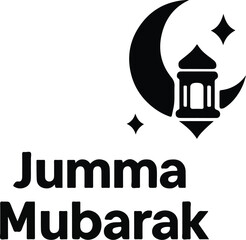 Obraz premium PriJumma Mubarak Islamic Typography Design with Crescent Moon and Mosque Silhouette Black and White Vector Illustration