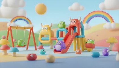 Obraz premium Cute Cartoon Monsters Playground Scene