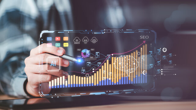 digital marketer holds a pen pointing to a data-driven graph, SEO concepts, optimization analysis tools, search engine rankings, insights from social media platforms based on performance data.