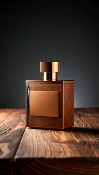 A well-lit, close-up of a rectangular bottle with a golden top. The bottle sits on a polished wooden surface, with a dark gray background