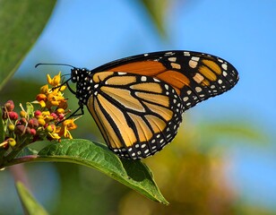 Fototapeta premium A monarch butterfly on a cluster of small yellow flowers