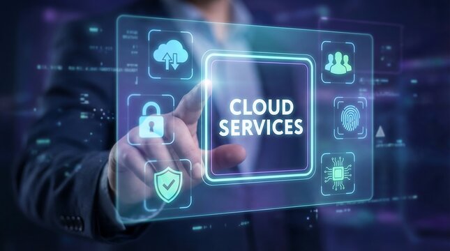 A businessman in a dark suit touches a prominent "Cloud Services" holographic interface, which is surrounded by security, data, and user management icons on a dark background.