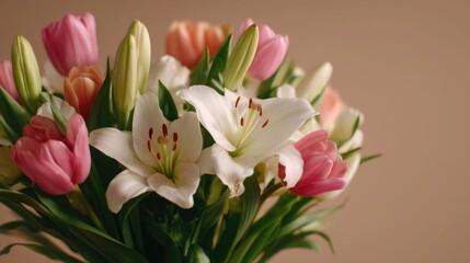 Obraz premium Close up editorial style photograph showcasing a fresh spring arrangement of white lilies and pink orange and cream tulips with soft diffused lighting on a plain beige backdrop