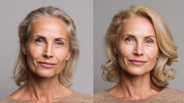 Mature woman showing before and after hair dyeing and anti-aging