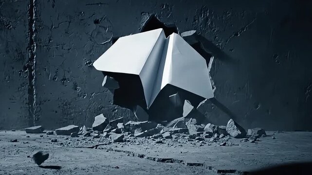 White paper airplane decisively breaks through a rigid concrete wall creating shattered fragments