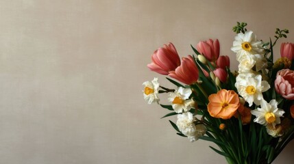 Fototapeta premium A visually appealing and fresh spring bouquet featuring a mix of vibrant pink tulips delicate white and yellow daffodils and cheerful orange ranunculus artfully arranged against a smooth