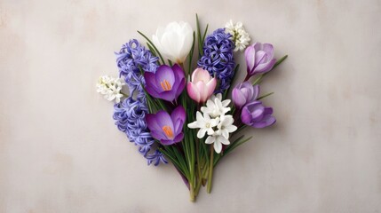 Fototapeta premium A beautiful overhead composition of assorted spring flowers purple crocuses blue hyacinths and delicate white blossoms on a subtly textured neutral surface evoking freshness and renewal