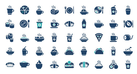 Fototapeta premium Blue collection of bowls and kitchen icons in a doodle style.