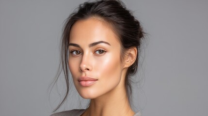 Fototapeta premium Confident woman with natural beauty and glowing skin posing against neutral background in studio lighting