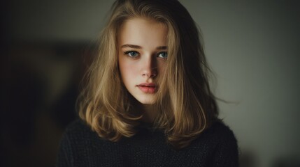 Fototapeta premium Portrait of a young woman with long, wavy hair and expressive eyes in a softly lit indoor environment