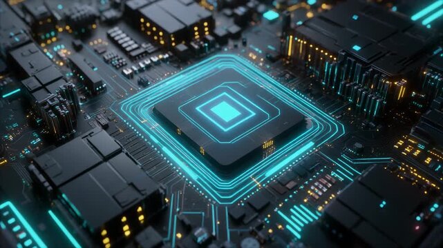Futuristic Processor Chip in Neon Circuit Grid.