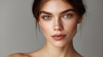 Naklejka premium Natural Beauty Portrait of Young Woman with Soft Makeup and Elegant Hair Amidst Grey Background