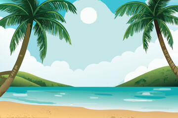 Obraz premium Tropical beach scene featuring palm trees blue water and a bright sun