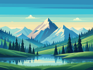 Serene mountain landscape with a calm lake and evergreen forest © Amrita