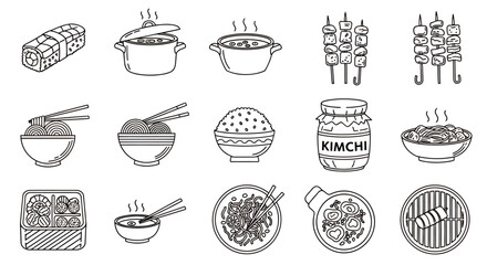 Collection of assorted Asian dishes and bowls illustrated in black line art style.