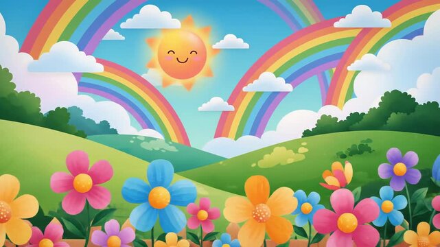 Joyful cartoon landscape with vibrant flowers, rainbows, and a smiling sun.