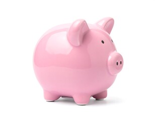 A classic pink ceramic piggy bank isolated on a clean white background