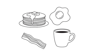 Hand Drawn Breakfast Set Pancakes Fried Egg Bacon and Coffee Line Art Illustration