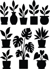 Large Collection of Potted Houseplant Silhouettes Including Monstera Deliciosa Philodendron and Snake Plants for Minimalist Interior Design Home Decor and Botanical Vector Illustrations © MdAnowarHossain