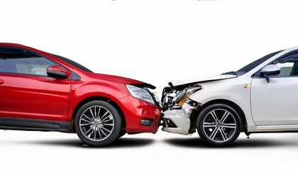Naklejka premium two cars in head on crash red and white vehicles with damaged front ends on white background concept of accident insurance traffic safety collision impact