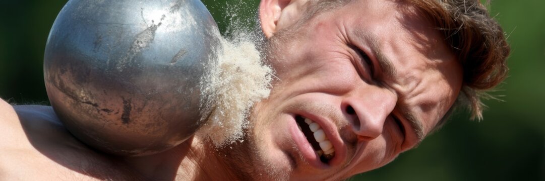 Intense male shot put athlete close up outdoor training powerful facial expression strength focus athletic competition