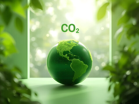 Green earth globe with CO2 text surrounded by natural foliage representing climate change, carbon emissions, global warming, and environmental sustainability