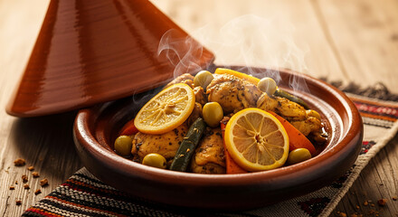 Fototapeta premium Steaming Traditional Moroccan Chicken Tagine with Lemon and Olives on Rustic Wooden Table