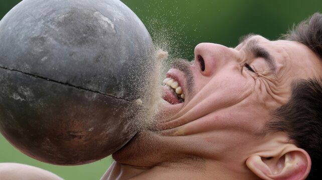 Intense shot put impact athlete facial expression close up dramatic sports failure moment emotional reaction outdoor competition