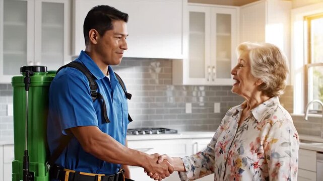 Pest control professional shakes hands with satisfied elderly woman in kitchen.