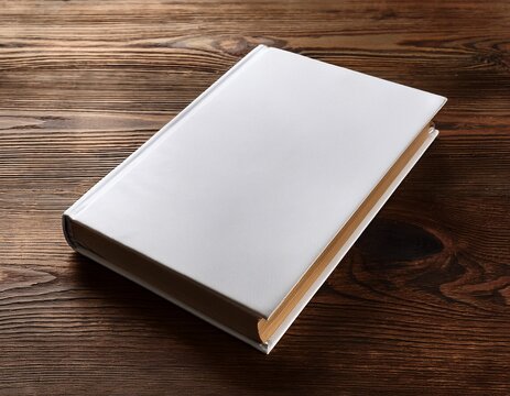 old thick book with white dust jacket mockup on wooden table