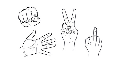 Obraz premium Rock Paper Scissors Hand Gestures: Fist, Open Palm, Victory Sign, Middle Finger
