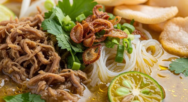 Close-up of Traditional Indonesian Soto Ayam Chicken Soup with Vermicelli and Lime
