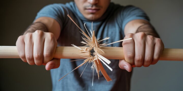Man breaking wooden stick with hands symbol of strength determination power overcoming obstacles and personal challenge