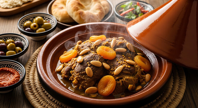 Authentic Moroccan Tagine with Steaming Meat, Apricots and Almonds. Traditional North African cuisine served with olives and bread.
