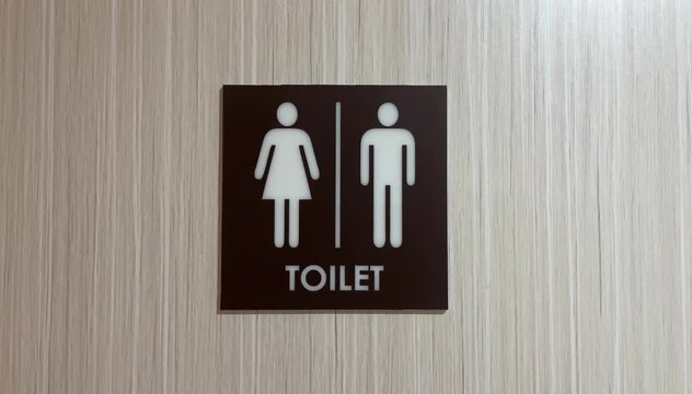 Side view of unisex restroom sign on wooden wall or door. brown, black, white. Public toilet sign showing facilities for male or female. icon. front. close up.