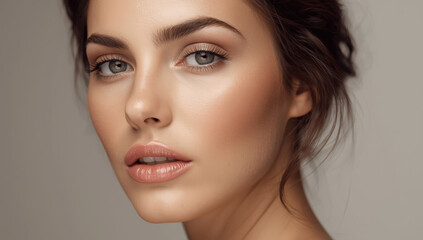 Fototapeta premium Young woman closeup beauty portrait with soft natural makeup, serene expression, high fidelity