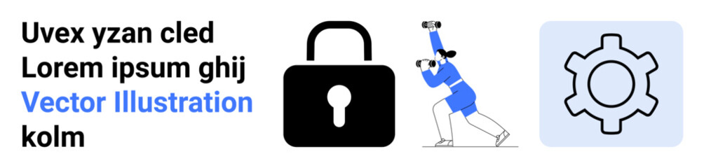 Large lock symbol, person searching with binoculars, and gear icon for settings. Ideal for technology, security, research, solutions, development, management simple landing page