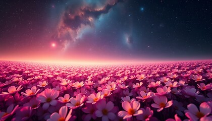 Obraz premium Vast field of fractal flowers under a starry nebula sky, glowing petals and soft bokeh light, dreamy surreal aesthetic