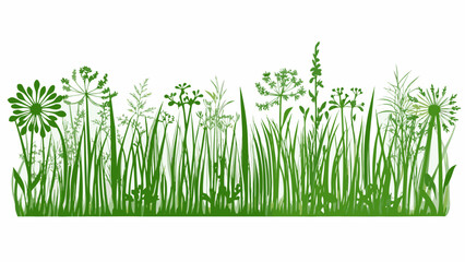 A vibrant green illustration of wildflowers and grasses on a white background © ShambhuNath