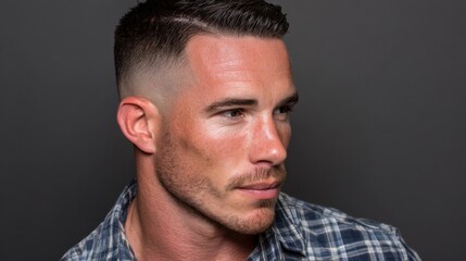 Obraz premium Handsome Young Man with Stylish Haircut Posing Against a Dark Background in Casual Checkered Shirt