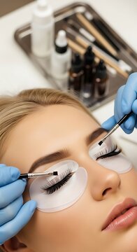 Professional technician applies treatment to long, dark eyelashes during a beauty procedure