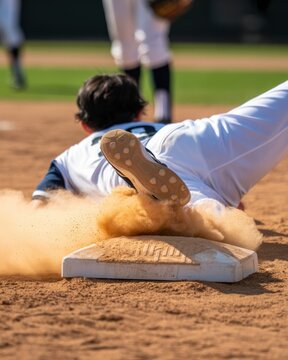 Baseball player sliding into base on sunny field with flying dirt intense sports action closeup athletic competition concept