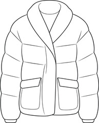 Minimalist puffer jacket CAD drawing flat vector illustration, winter quilted coat outline design, insulated parka outerwear mockup, black and white line art © Candek
