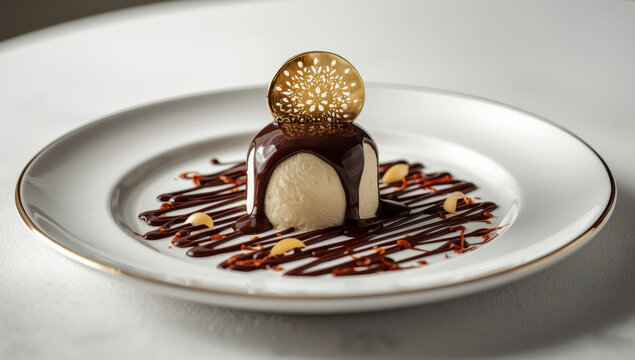 Decadent vanilla mousse dome glazed in dark chocolate with caramel drizzle and decorative tuile